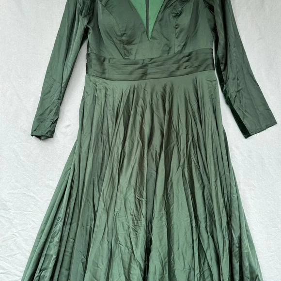 Mac Duggal Leena Plunge Satin A-Line Midi Dress Women Sz 10 Emerald Green EUC - Picture 3 of 8